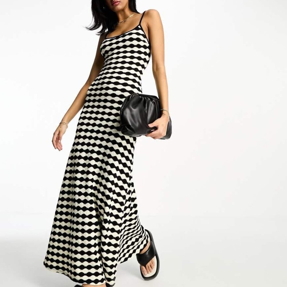 ASOS DESIGN strappy crochet maxi dress in black and white US 14